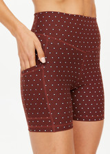 THE UPSIDE women's polka dot Maho 5 inch Pocket Spin Short is made from a soft recycled ribbed fabric and features a high-rise v waistband and discreet side pockets.