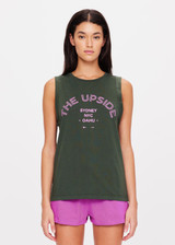 THE UPSIDE women's green Jetset Jeet Tank is made with organic cotton jersey, designed for a relaxed fit. This classic muscle tank features folded armhole details, perfect for leisure.