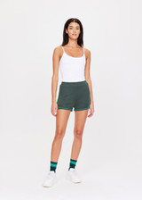 THE UPSIDE women's green Roulette Track Short is made with slinky fabric and is  true to size. This 70s inspired run track short features front slash pockets and a back patch pocket.