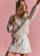 THE UPSIDE women's white Baccarat Violette Sweater is made in organic cotton knit on front and soft cotton jersey on back, sleeves and collar. This is a relaxed vintage inspired sweater.