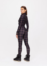 THE UPSIDE women's black check Lumiere Nova Jumpsuit is made in stretch fabric, for a soft fit. This all-in-one ski jumpsuit features thumbholes and a removable belt.
