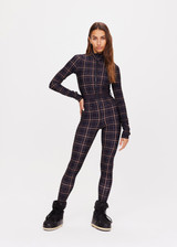 THE UPSIDE women's black check Lumiere Nova Jumpsuit is made in stretch fabric, for a soft fit. This all-in-one ski jumpsuit features thumbholes and a removable belt.
