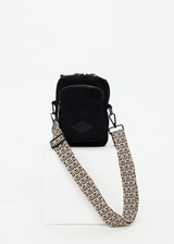 THE UPSIDE women's black Journey Crossbody Bag is made from corduroy fabric. This compact bag features a front zip pocket, larger zipper compartment with paracord zip pullers and adjustable, removable strap.