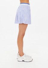 THE UPSIDE women's blue and white stripe Lyon Xavier Pleated Skirt is a pleated mini skirt with an elasticated stripe waistband, inner short with pockets and invisible side seam zipper opening.