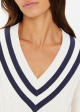 THE UPSIDE women's white Josette V Neck cable knit Sweater is made from 100% organic cotton. It features a v shaped neckline, ribbed contrast navy stripes cuffs, hem and neckline.