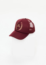 THE UPSIDE women's maroon Cheval Classic Trucker Hat features a foam front and mesh back with an adjustable snapper.