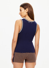 THE UPSIDE women's navy Joey Knit Tank Top is made from an organic cotton blend fabric and features a scoop neck and contrast tan and butter yellow stripes.
