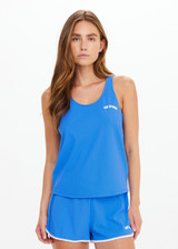 THE UPSIDE women's bright blue Wrangler Issy Racerback Tank Top is made from recycled mesh fabrication and features a curved hem.