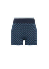 THE UPSIDE women's blue organic cotton Lumiere 3 Inch Knit Short is a mid rise comfortable fit and features a soft elasticated waistband in a geometric star design. Made for lifestyle.