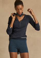 THE UPSIDE women's blue organic cotton Lumiere 3 Inch Knit Short is a mid rise comfortable fit and features a soft elasticated waistband in a geometric star design. Made for lifestyle.