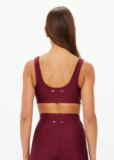 THE UPSIDE women's merlot Oxford Harley Scoop Sports Bra is designed for supportive fit and features elasticated underbust and removable cups. Made for pilates.