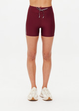 THE UPSIDE women's merlot Oxford 4 Inch Spin Short features an elastic drawcord through waist with mint side seam stripes. Made for yoga & pilates.