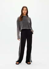 THE UPSIDE women's black Roma Pant is high-waisted with a elasticated waistband with drawcord, contrast cream stripes down sides and front & back pockets. The perfect everyday pant.