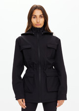 THE UPSIDE women's black Freddie Fleece Lined Anorak is made from bonded water resistant fabric with internal warm polar fleece and features external pockets with flap closure and drawcord with toggles to cinch in waist.