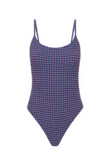 THE UPSIDE women's purple check Aliki Flow Onepiece has low coverage with a scoop front and back neckline and adjustable elastic straps. Made for swim.