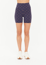 THE UPSIDE women's monogram jacquard Ezra 5inch High Spin Short is high-rise with a V panel waistband. Made for yoga and pilates.