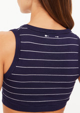THE UPSIDE women’s Stripe Astra Solange Knit Crop Top offers a soft, comfortable fit with a navy-ribbed scoop neckline and elastic underbust. Perfect for travel or daily wear.