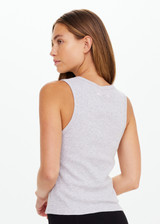 THE UPSIDE women's grey organic cotton Sapna Rib Tank Top is a true-to-size fit and features a scoop neckline with placket opening at front with buttons. Perfect for everyday.