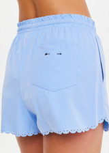 THE UPSIDE women’s blue recycled Era Short is designed to be mid rise, featuring a striped elastic drawcord and inner mesh brief in white. Made for running.