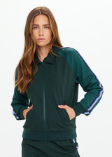 THE UPSIDE women’s green Maneki Pari Zip Jacket in Lenzing viscose features a zip-through design with striped knit tape down the sleeves. Made for everyday leisure.