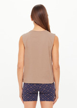 THE UPSIDE women's mocha organic cotton Dawson Tank has a relaxed fit with a soft ribbed neckline and navy varsity logo at chest. Made for everyday wear.