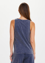 THE UPSIDE women's blue recycled cotton Soho Kapri Racerback Tank has a relaxed fit with fabric-covered buttons at the scoop neck. Made for lifestyle.