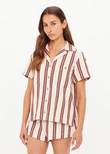 THE UPSIDE women's stripe organic cotton Baja Katia Collared Shirt has a relaxed fit, patch pockets on the chest, and wooden coconut button closure. Perfect for everyday wear.
