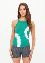 THE UPSIDE women's green organic cotton Asher Racerback Tank Top is hand-dyed in punchy green with arrow logo piping on hem. Made for lifestyle.