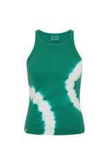 THE UPSIDE women's green organic cotton Asher Racerback Tank Top is hand-dyed in punchy green with arrow logo piping on hem. Made for lifestyle.