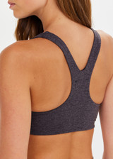 THE UPSIDE women's grey recycled Moondance Racerback Vala Bra has removable cups, elastic underbust, double-peached fabric. Made for yoga and pilates.