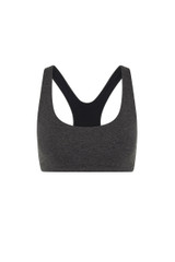 THE UPSIDE women's grey recycled Moondance Racerback Vala Bra has removable cups, elastic underbust, double-peached fabric. Made for yoga and pilates.