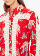 THE UPSIDE women's red Palma Bobbi Collared Shirt features sleeve plackets, pearlised buttons, and cream crochet lace panels. Perfect for travel or lifestyle.