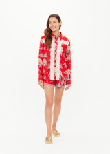 THE UPSIDE women's red Palma Bobbi Collared Shirt features sleeve plackets, pearlised buttons, and cream crochet lace panels. Perfect for travel or lifestyle.