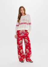 THE UPSIDE women's red Palma Sierra Wide Leg Pant features cream contrast panels, turquoise piping, soft elastic waistband, and side pockets. Perfect for travel or lifestyle.