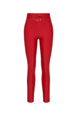 THE UPSIDE women's red eco tech Oxford 25-inch Legging is supportive and comfortable with cream side stripes and an elastic waist drawcord. Made for high impact.