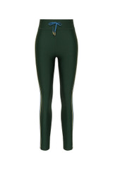 THE UPSIDE women’s recycled green Maneki 25In Legging features quick-dry fabric, contrast blue and butter side binds, and an elastic drawcord waist. Made for yoga and pilates.