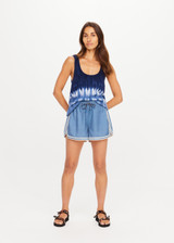 THE UPSIDE women's blue Klio Short is designed for a mid-rise, relaxed fit and features a soft elasticated waistband with drawcord and contrast binds in cream along curved hem. Made for everyday.