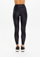 THE UPSIDE women's black Moonstone 25inch Legging has a soft, supportive fit with elastic drawcord, cream aglet ends, and contrast cream side bindings. Made for yoga & pilates.