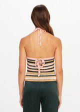 THE UPSIDE women's stripe Bohemia Sal Crochet Halter Top is true to size with a tie keyhole back and striped design in pink, tan, cream, and green. Made for lifestyle.