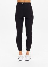 THE UPSIDE women's black Arcadia 25inch Legging is supportive and comfortable with recycled rib fabric, contrast tan panel, and cream bind details. Made for yoga & pilates.