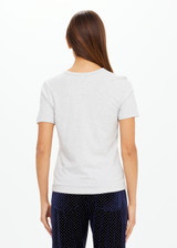 THE UPSIDE women's grey Joy Tee is slim fit in organic cotton jersey with soft ribbed neckline and embroidered horseshoe logo at front chest. Made for lifestyle.