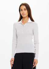 THE UPSIDE women's grey Faye Fine Knit Polo is slim fit in 100% merino wool with contrast cream accents and front button closure. Made for lifestyle.