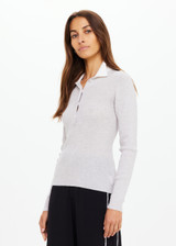 THE UPSIDE women's grey Faye Fine Knit Polo is slim fit in 100% merino wool with contrast cream accents and front button closure. Made for lifestyle.