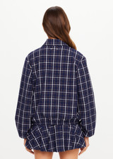 THE UPSIDE women's check Valencia Lexi Collared Jacket is relaxed fit with zip-through bomber style, collar, and front flap pockets with antique brass buttons. Made for lifestyle.