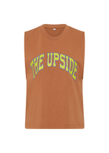 THE UPSIDE women's orange organic cotton Dawson Tank has a relaxed fit, mid length, and a printed lime varsity logo on the front chest. Made for lifestyle.