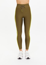 THE UPSIDE women's olive eco tech Oxford 25 Inch Midi Pant is designed for a supportive and comfortable fit and features mid-rise with lime contrast side binds. Made for high impact.