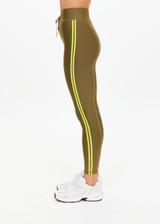 THE UPSIDE women's olive eco tech Oxford 25 Inch Midi Pant is designed for a supportive and comfortable fit and features mid-rise with lime contrast side binds. Made for high impact.