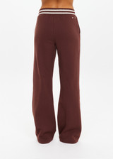 THE UPSIDE women's brown organic cotton Toluca Willow Wide Leg Pant is high-waisted and features a cream striped ribbed waistband and side seam pockets. Made for everyday.