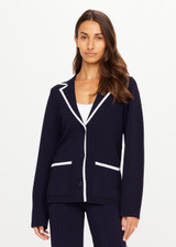 THE UPSIDE women's navy Monte Carlo Alix Knit Blazer fits true-to-size and features contrast white edge along collar and placket and patch pockets at front. Made for lifestyle.