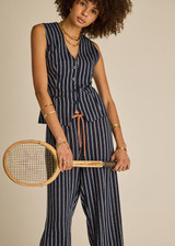 THE UPSIDE women's navy & white stripe Belize Charli Drawstring Pant is a low-rise regular fit, featuring a elasticated waistband with drawcord. Perfect for everyday.